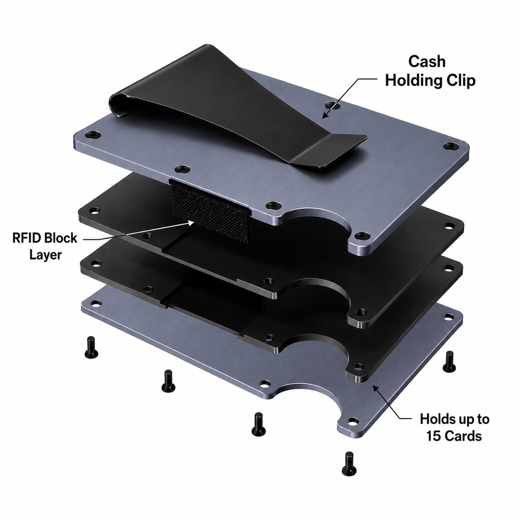 An exploded view diagram of a metal cardholder wallet showing its internal components, including a black cash holding clip, RFID block layer, and screws, with text labels on a white background.